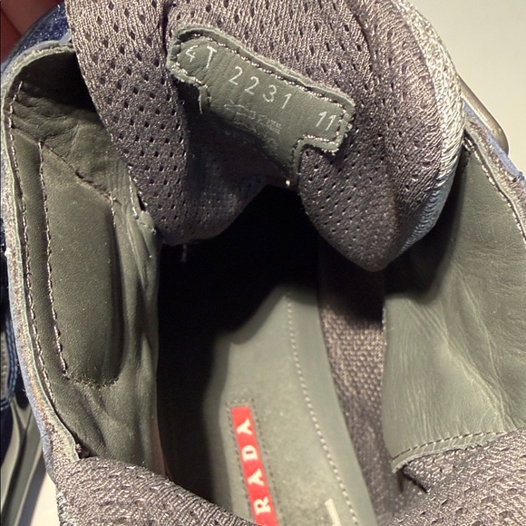 Prada Dark Blue High-Top Patent leather Sneakers with Red Detail - Picture 12 of 12